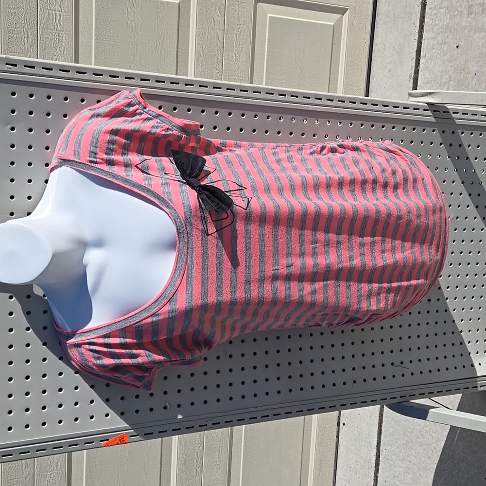 Pink and Gray Striped Top with Bow Accent
